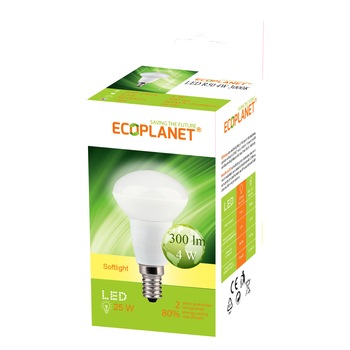 Bec LED Ecoplanet reflector R50, E14, 4W (25W), 300 LM A+, lumina calda 3000K, Mat Bec LED Ecoplanet reflector R50, E14, 4W (25W), 300 LM A+, lumina calda 3000K, Mat