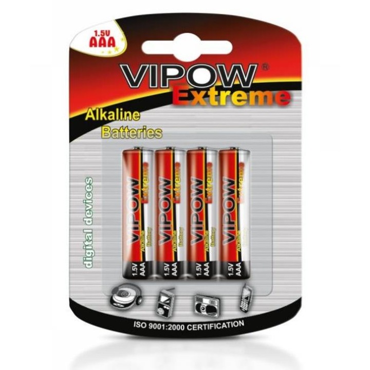 Baterii alcaline AAA Vipow Extreme, 1.5 V, 4 buc