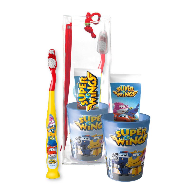 Set de ingrijire orala pentru calatorie Super Wings, periuta cu capac, pasta de dinti 50ml, pahar si borseta, Mr. White, 36 luni+