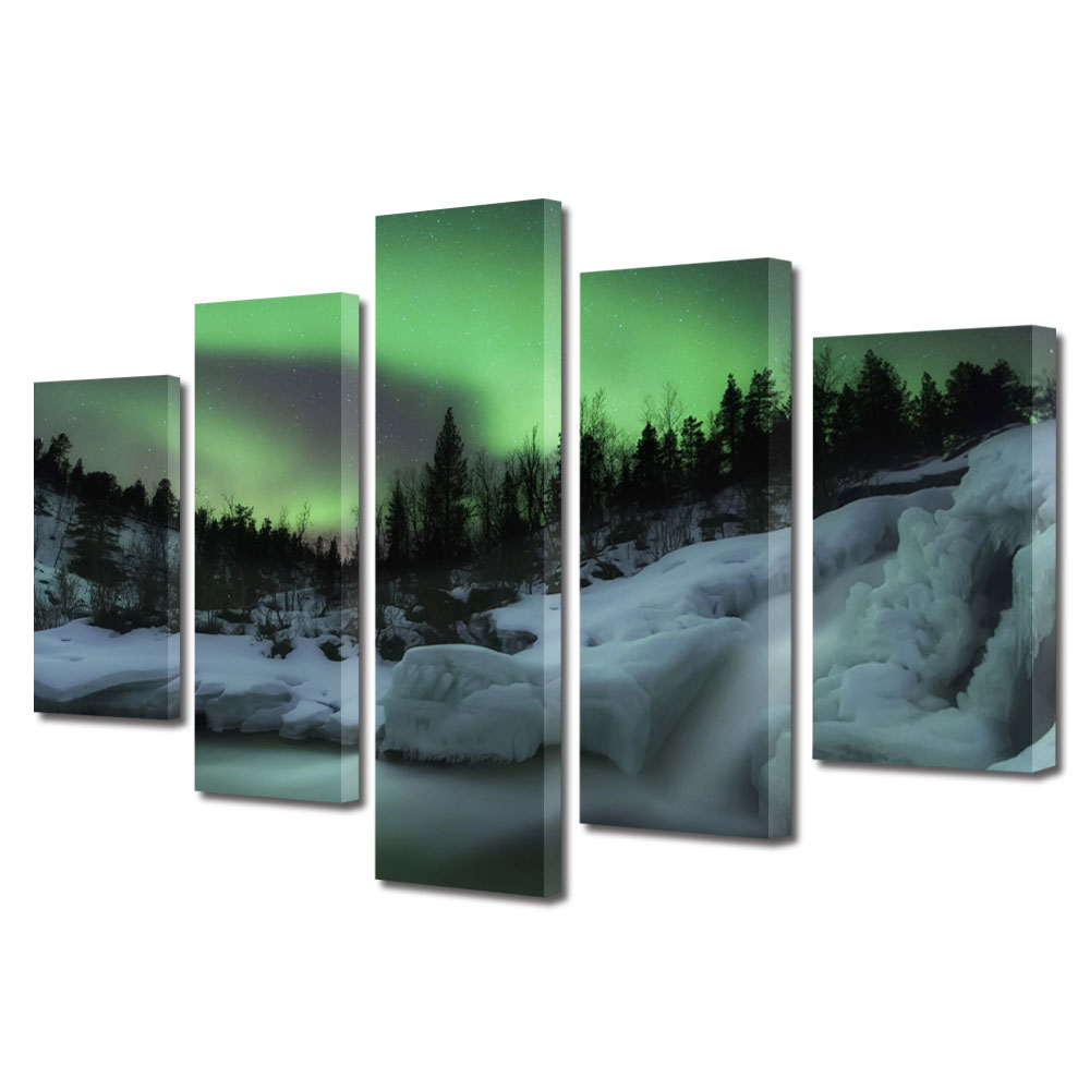 Set Tablouri Multicanvas BTex ArtDecoMag Modern 5 Piese Peisaje Aurora Boreala, 80 x 150 cm