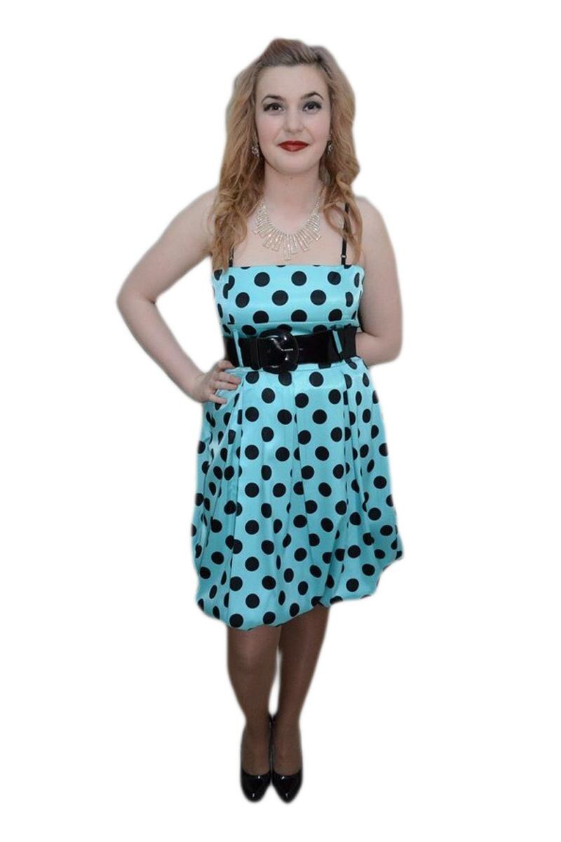 Rochie cu buline, curea lucioasa in talie, D&J Exclusive, Turcoaz