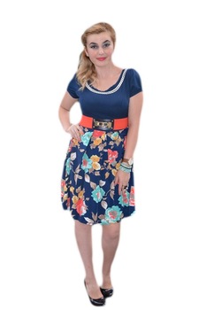 Rochie casual, cu imprimeu floral si insertie de dantela,D&J Exclusive, Albastru marin Rochie casual, cu imprimeu floral si insertie de dantela,D&J Exclusive, Albastru marin