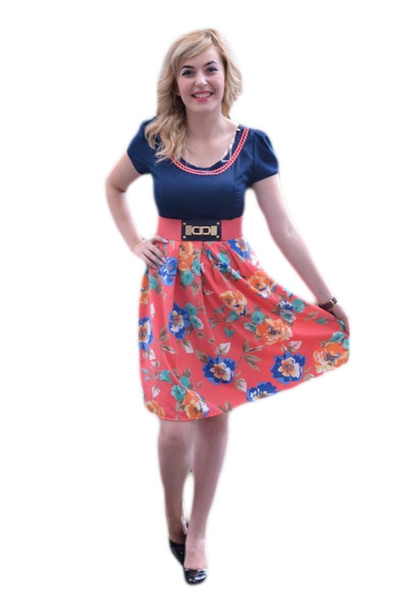 Rochie casual, cu imprimeu floral si insertie de dantela,D&J Exclusive, Alb-Bleumarin-Rosu