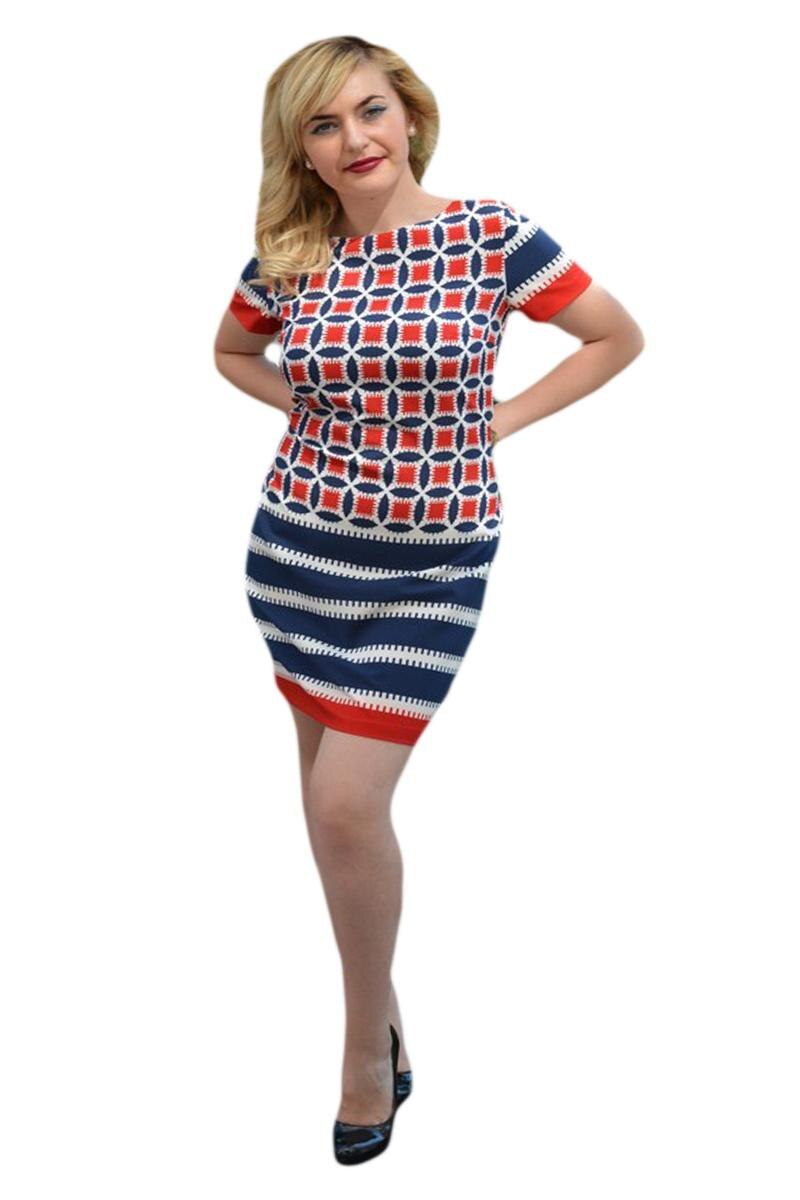 Rochie casual, cu imprimeu geometric,D&J Exclusive, Alb-Bleumarin-Rosu