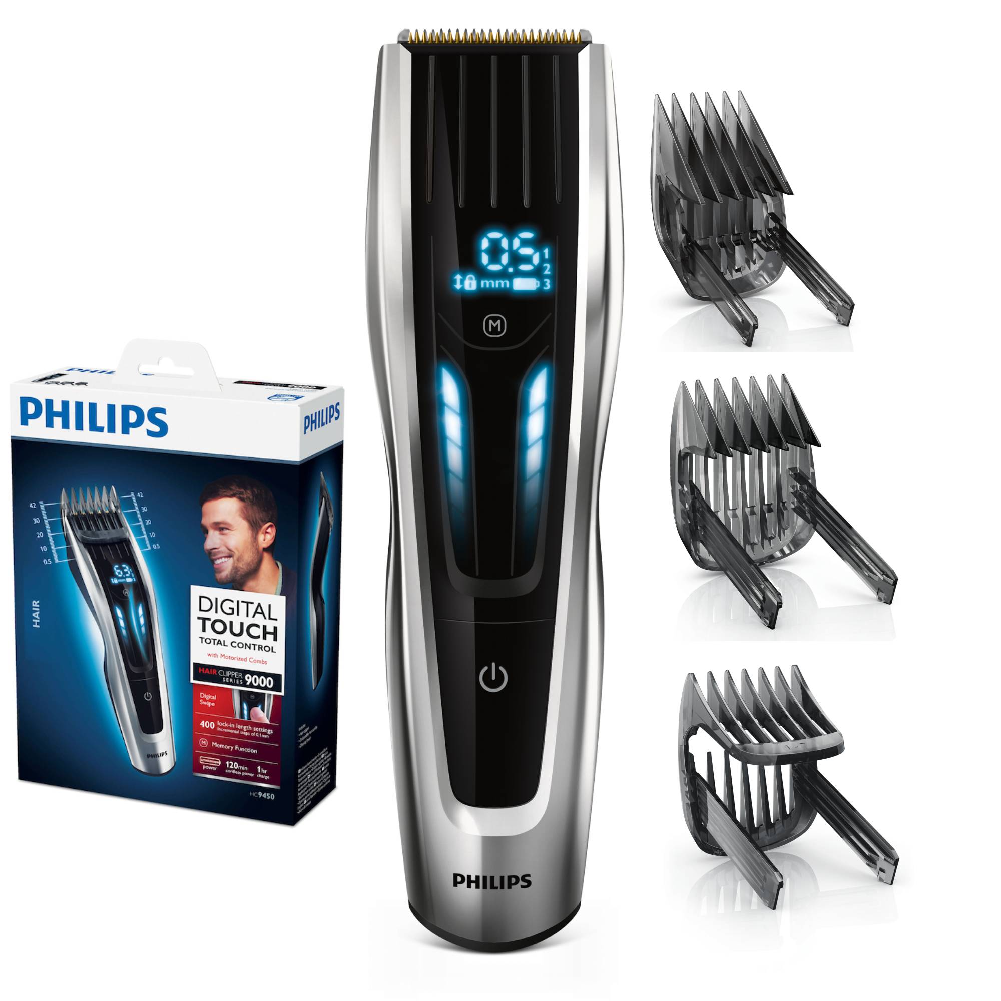 Masina de tuns PHILIPS Seria 9000 HC9450/15, 400 setari de lungime (0.5-42 mm), 120 min autonomie fara fir /nelimitat cu fir, lame titan cu autoascutire, afisaj digital, 4 piepteni