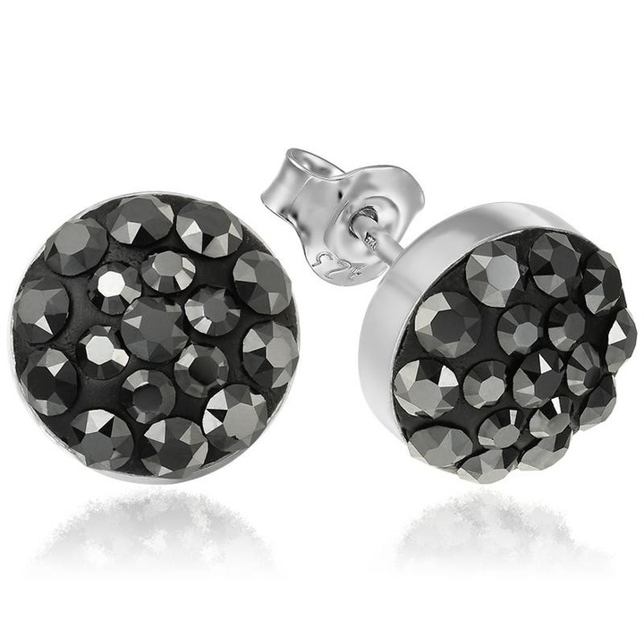 e-Crystal - 925 ezüst ródiumozott stud fülbevaló® Chaton Round 8mm Jet Hematite kristályal