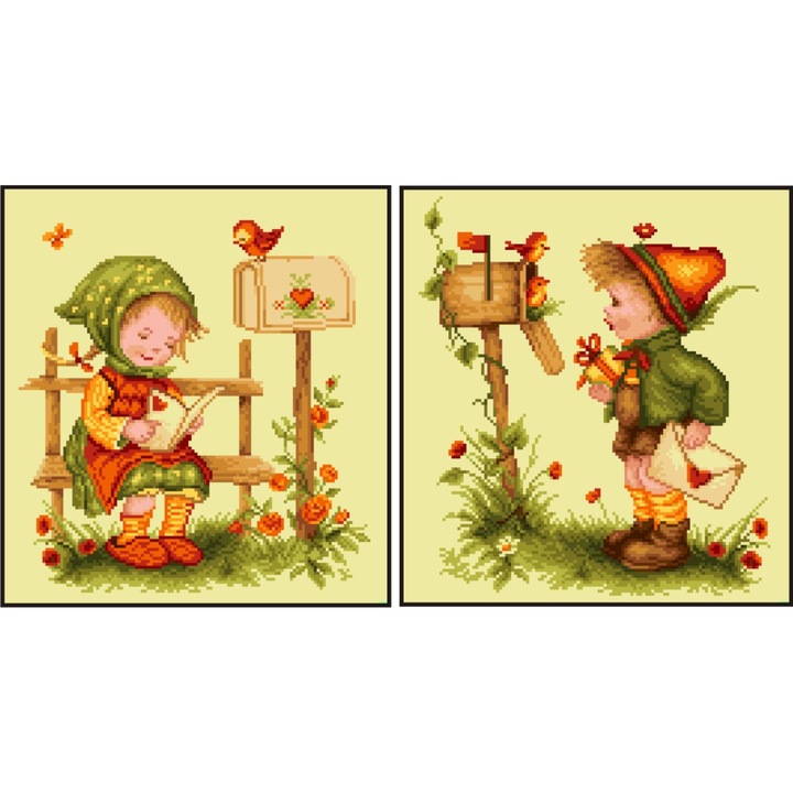 Set cu 2 kit-uri cu diagrama alb-negru, Goblen, Valentin si Valentina, Rogoblen, cu fire mouline 16 x 17.5 cm