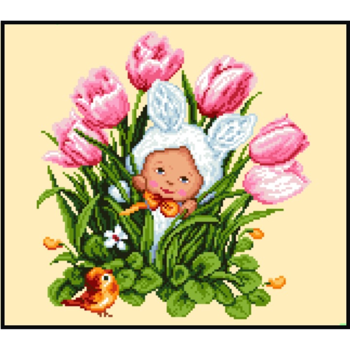 Goblen, Poveste in tara lalelelor, Rogoblen, kit goblen cu diagrama alb-negru, cu fire mouline 26 x 30 cm