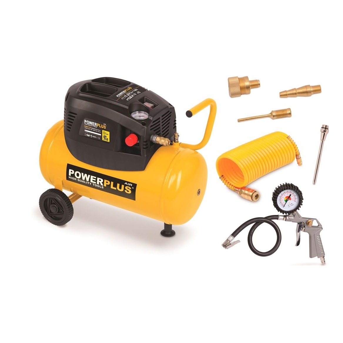 Compresor aer fara ulei Powerplus POWX1730, monofazat de 1.5 CP, 1100 w, 24 l +6 accesorii