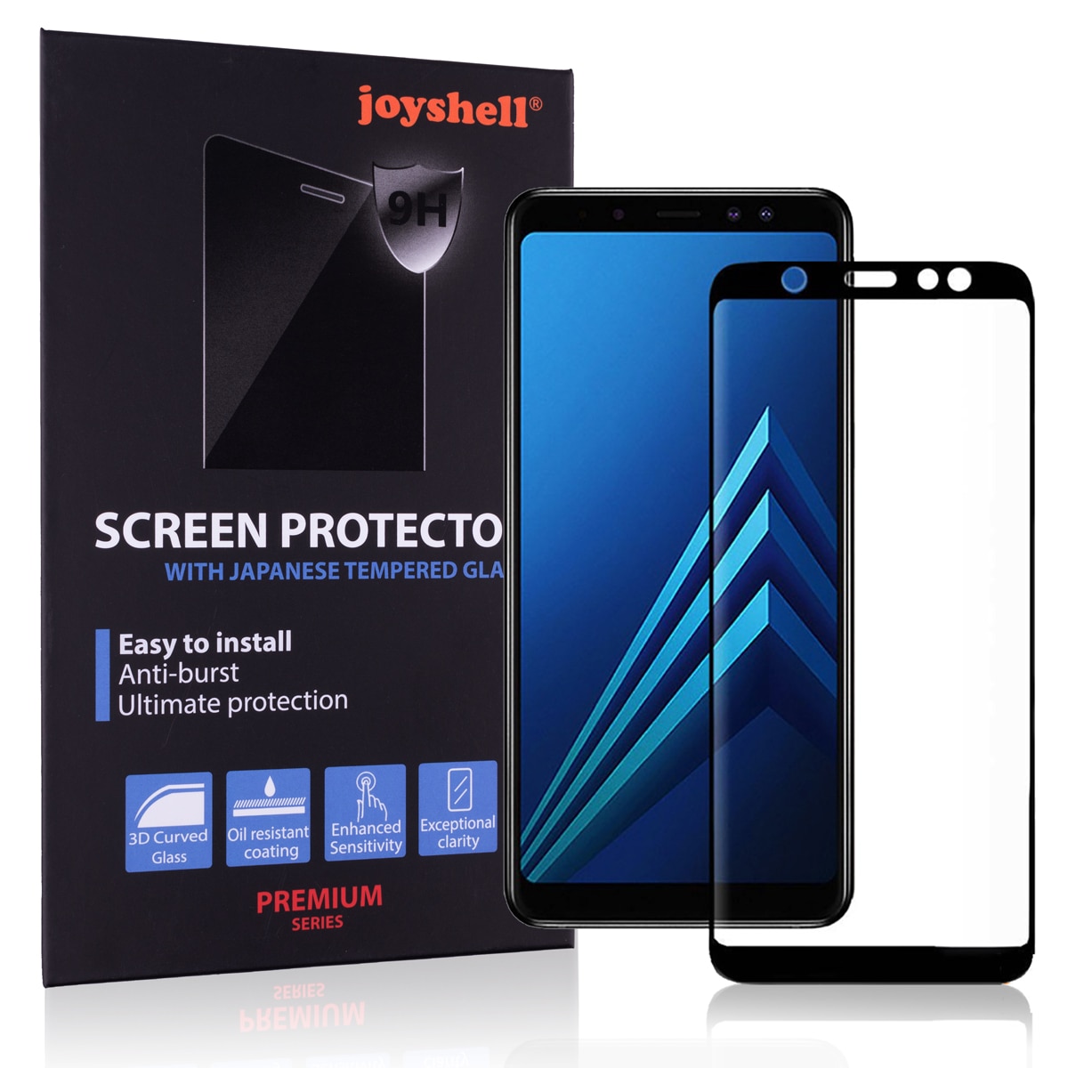 Folie sticla Joyshell, compatibila cu Samsung Galaxy A6 2018 cu sticla securizata Asahi Japonia, Protectie Premium 2.5D, ce acopera tot ecranul, Joyshell, negru