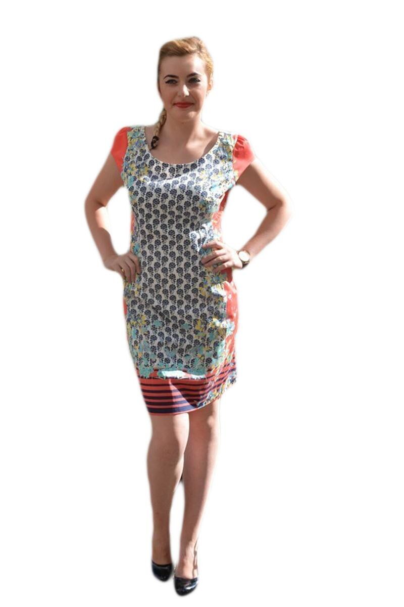 Rochie casual cu imprimeu floral deosebit si maneci scurte,D&J Exclusive, Corai