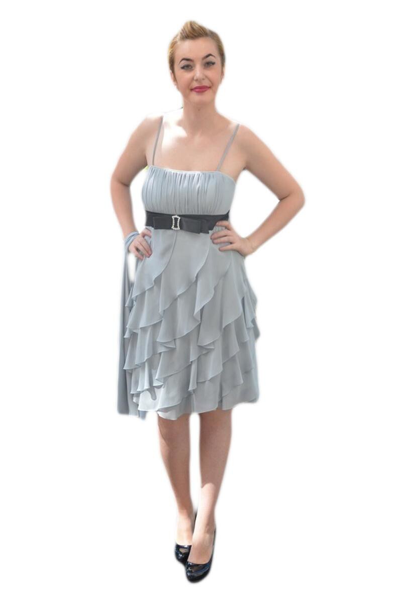 Rochie de seara lunga, model stratificat, decor din strasuri si trena,D&J Exclusive, Gri