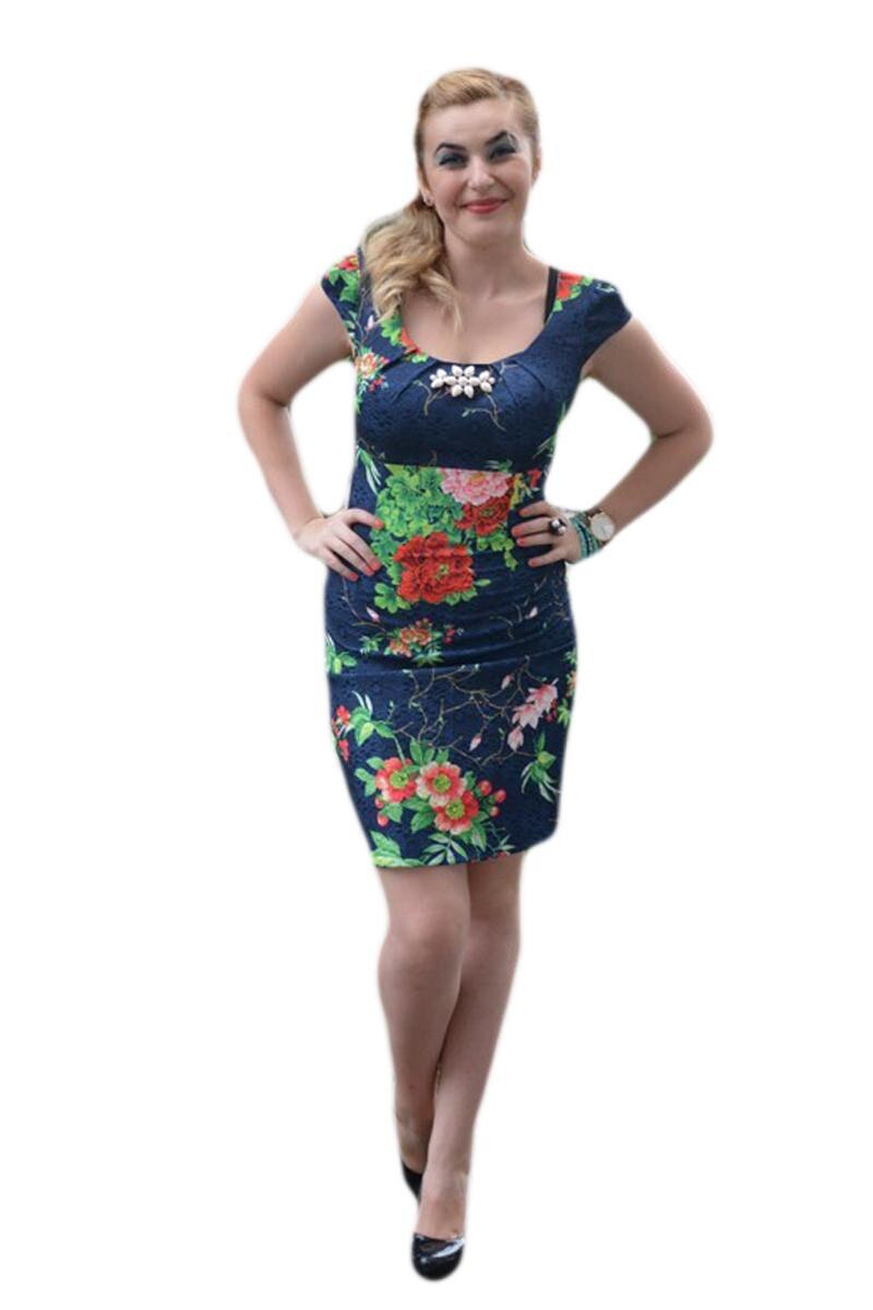 Rochie eleganta cu imprimeu floral ,D&J Exclusive, Bleumarin-rosu