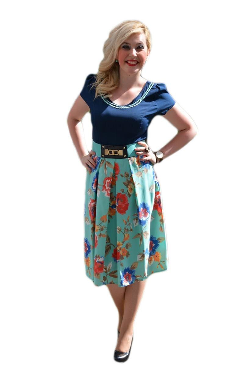 Rochie casual, cu imprimeu floral in partea de jos si curea lata in talie,D&J Exclusive, Bleumarin-Turcoaz