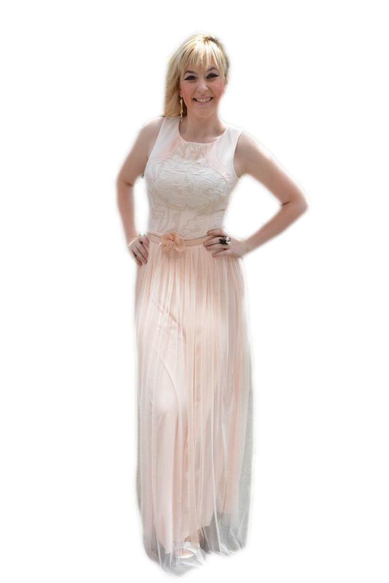 Rochie trendy lunga, curea aplicata in talie,D&J Exclusive, pudra