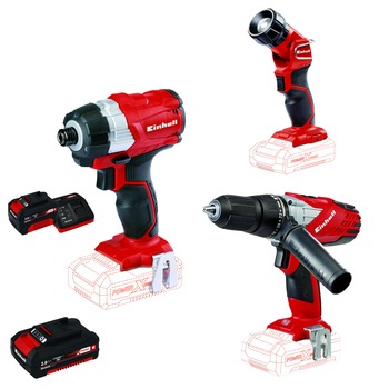 Set scule electrice pe acumulator Einhell Power X-Change, masina de gaurit (bormasina) cu percutie + surubelnita cu impact + lampa, 1350 RPM, mandrina 13 mm Set scule electrice pe acumulator Einhell Power X-Change, masina de gaurit (bormasina) cu percutie + surubelnita cu impact + lampa, 1350 RPM, mandrina 13 mm
