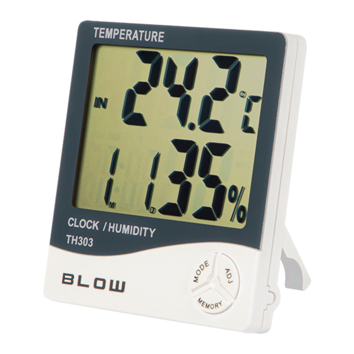 Termohigrometru digital cu ceas desteptator Blow TH50-303, Indicator de umiditate si temperatura, calendar si functie de memorare, Alb