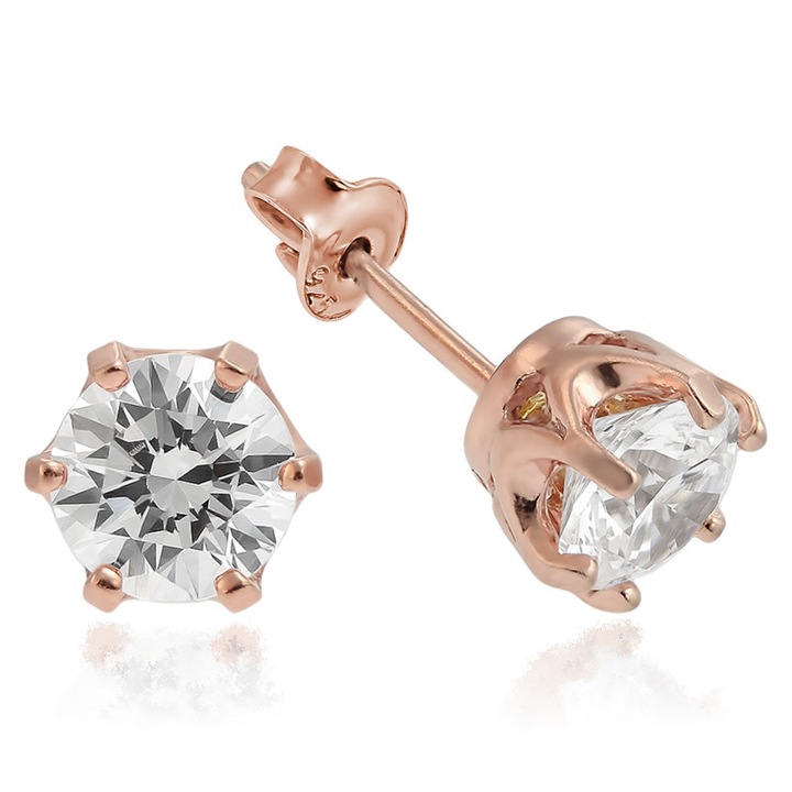 e-Crystal - 925 ezüst stud fülbevaló® Xirius Queen 6mm Crystal Clear kristályal - Rózsaarany bevonatú