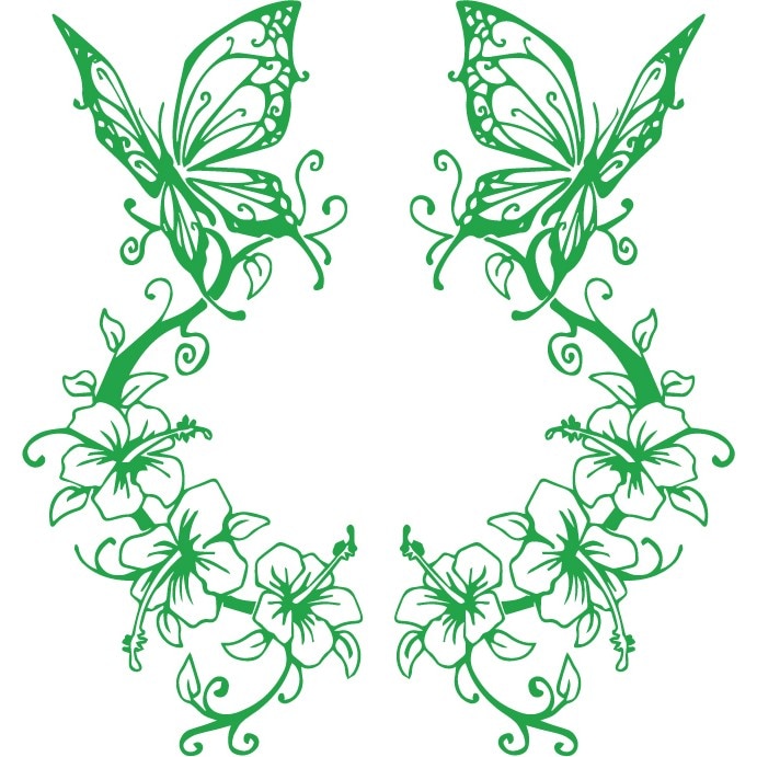 Sticker auto - Orhidee si fluturi - Verde - 2buc 23x50 cm