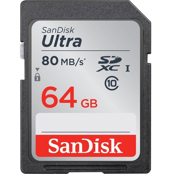 Card de memorie SanDisk SDXC Ultra, 64GB, Class 10, UHS-I, 80MB Card de memorie SanDisk SDXC Ultra, 64GB, Class 10, UHS-I, 80MB