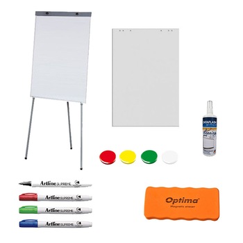 Flipchart magnetic cu trepied 100 x 70 cm cu rezerva de hartie, magneti de 24 mm, burete, spray si accesorii de scris Flipchart magnetic cu trepied 100 x 70 cm cu rezerva de hartie, magneti de 24 mm, burete, spray si accesorii de scris