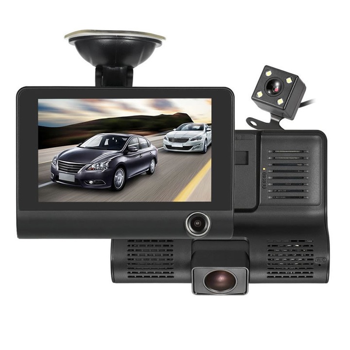 Pachet Camera auto DVR tripla, cu 3 focalizari Full HD Reflection Vision, filmare fata spate si interior ecran 4 inch + Bricheta tripla auto + MicroCard 32 GB