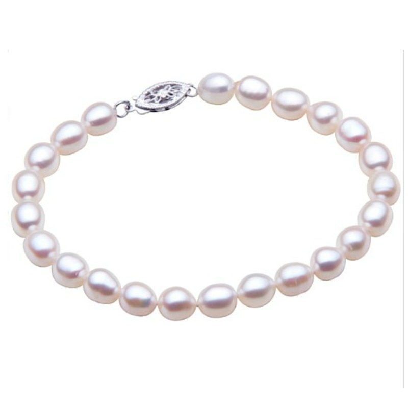 Bratara Perle Naturale Ovale Albe cu Inchizatoare Aur Alb