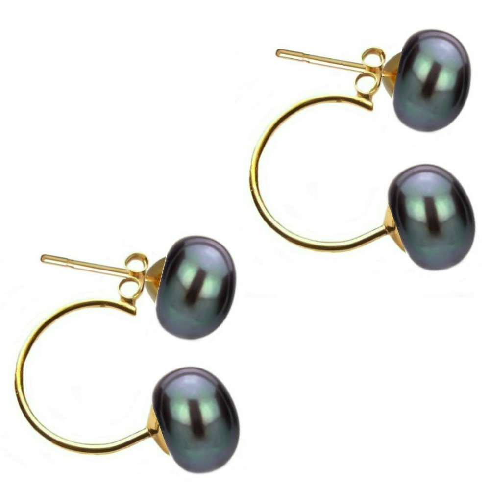 Cercei Double de Aur de 14k cu Perle Naturale Negre de 7 mm