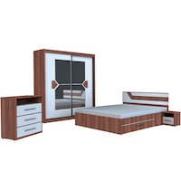 Set Dormitor KLASS, cu Dulap 2 Usi Glisante, Pat si Noptiere, Havanna / Alb