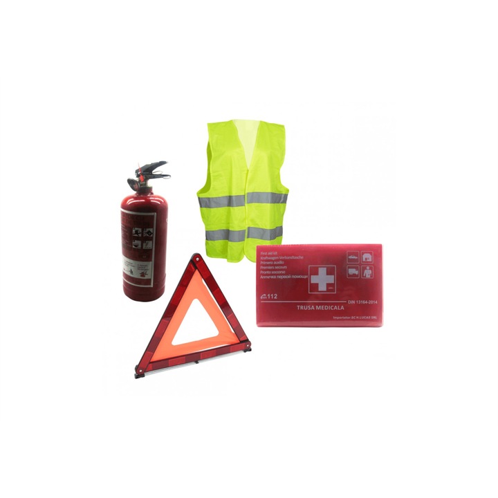 Задължителен предпазен комплект с прахов пожарогасител, светлоотразителен триъгълник, санитарен комплект, светлоотразителна жилетка