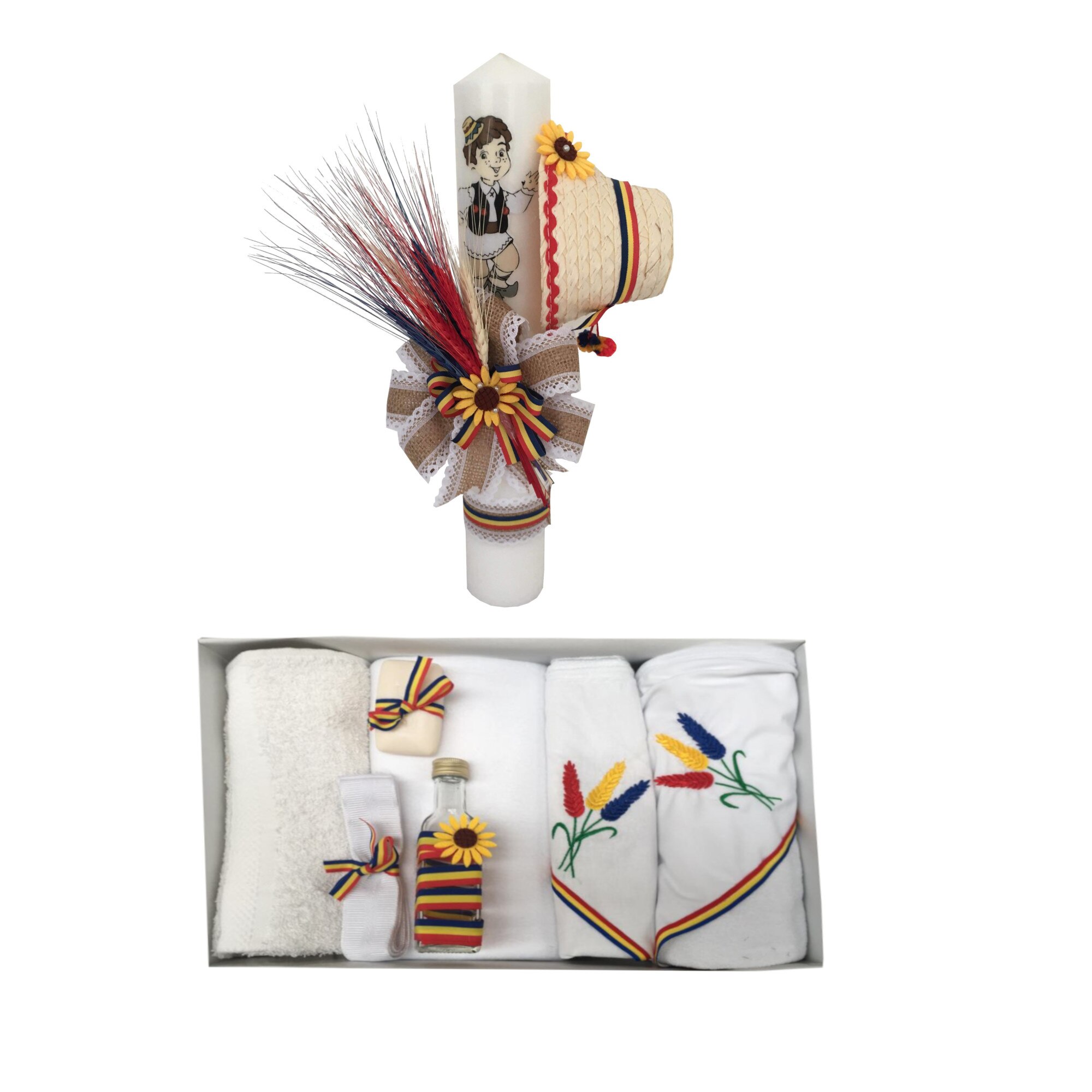 Set Botez Traditional ,Lumanare si Trusou 7 piese Brodat Spice de Grau Tricolore ,Alb/Tricolor
