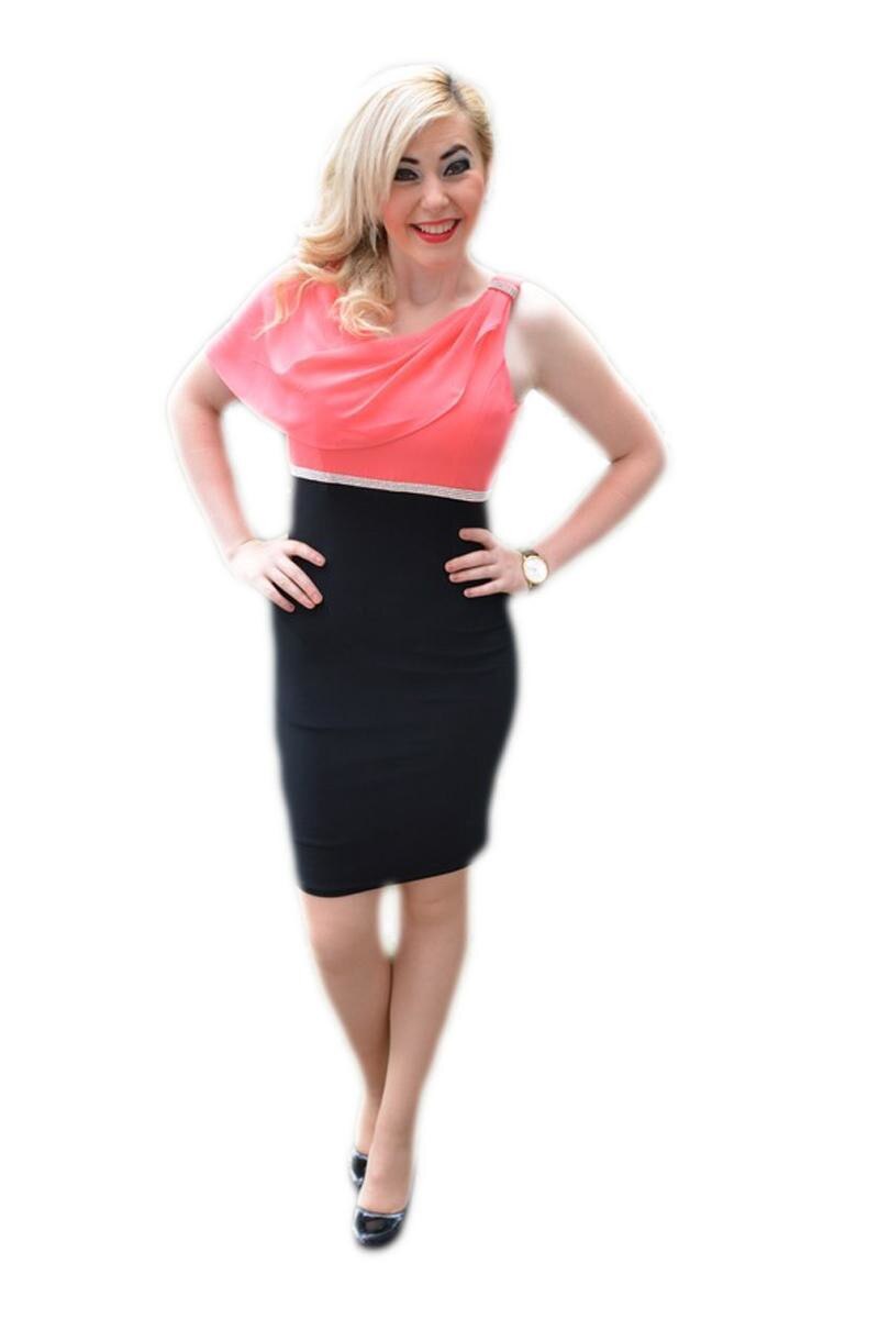 Rochie one-shoulder, din saten, cu model de fronseuri,D&J Exclusive, Negru/Corai