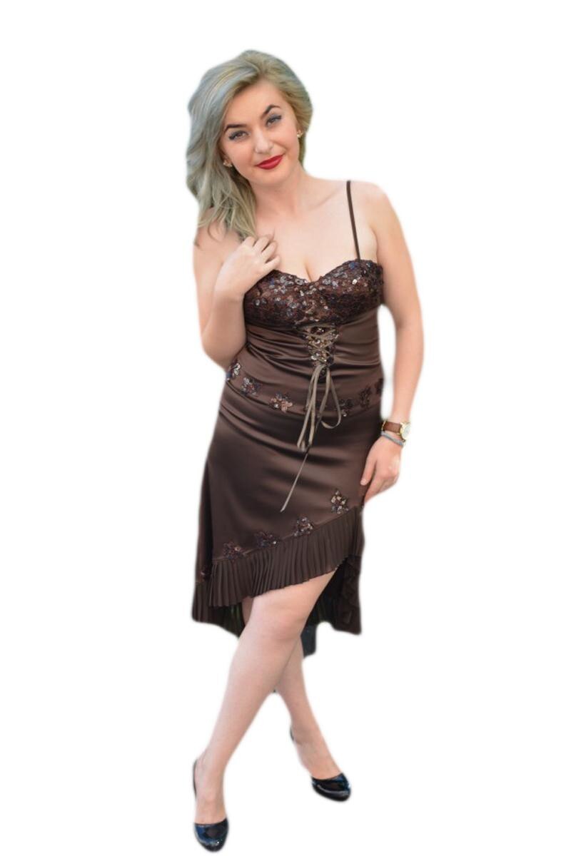 Rochie cu fronseuri pe umarul stang, din saten,D&J Exclusive, Maro