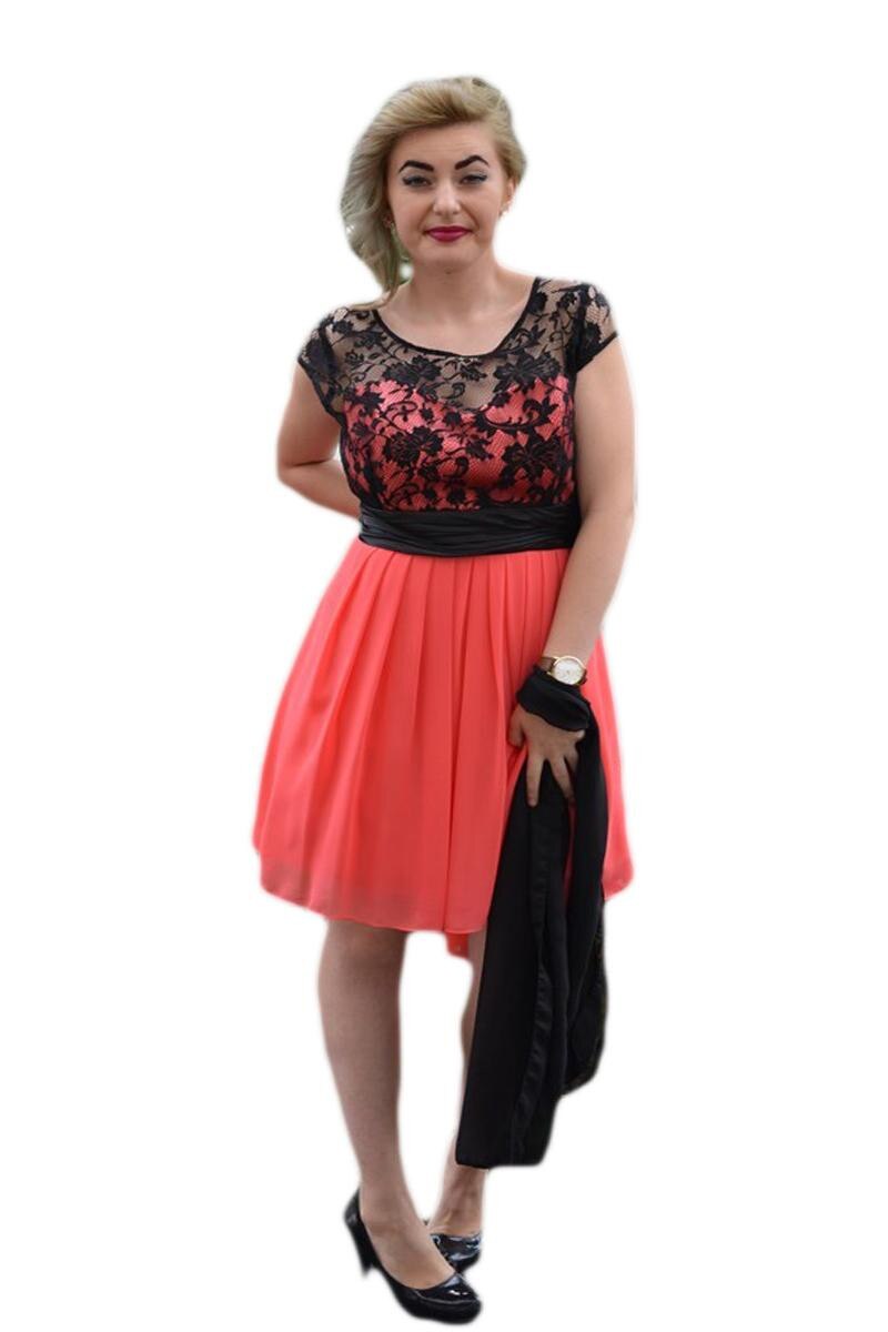 Rochie lunga din saten, decolteu adanc,D&J Exclusive, Negru/Corai