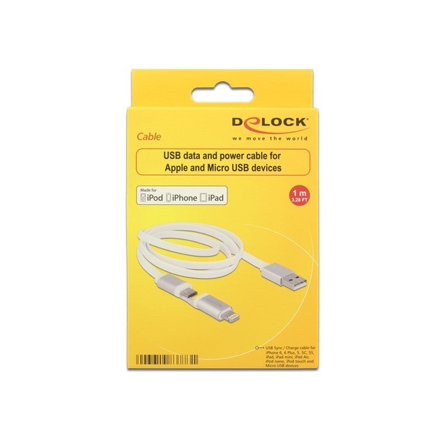 Cablu de date Delock, USB 2.0/Micro USB/Lightning, 1 m, Alb