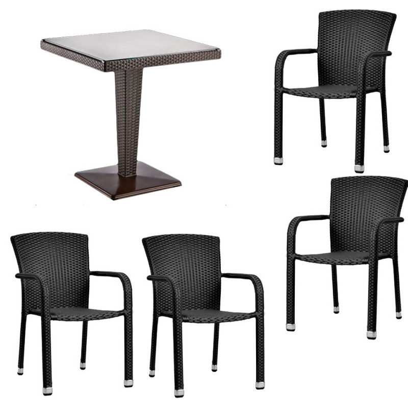 Set pentru terasa masa patrata blat sticla BROSQUE 70x70cm din ratan culoare cafea cu 4 scaune PALMAR culoare neagra