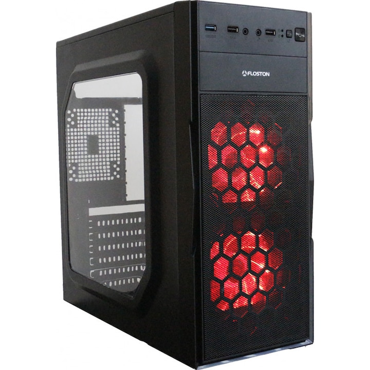 Floston Turbo Red számítógépház, 2 x ventilátor piros LED világítással, Átlátszó oldallap, USB 3.0