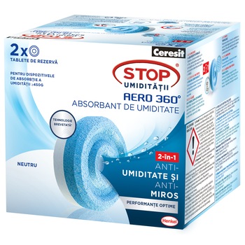 Rezerva absorbant umiditate Ceresit Aero 360 Neutral, 2 buc, 450 g Rezerva absorbant umiditate Ceresit Aero 360 Neutral, 2 buc, 450 g
