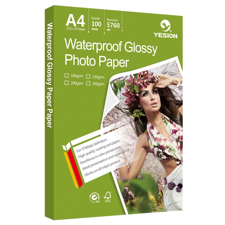 Hartie FOTO YESION A4 ( 210x297 ) Waterproof Glossy single side 260g/mp 50 coli/pachet
