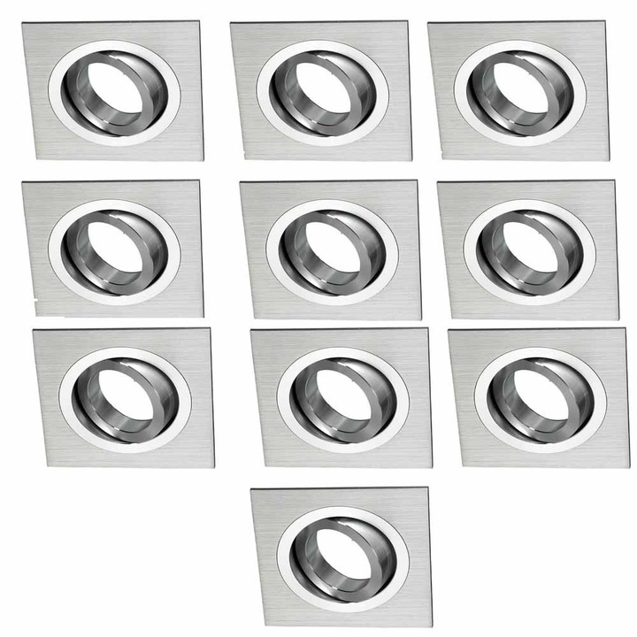 Spot, set de 10 bucati, Wonderlamp Basic Crom, incastrabil, patrat, gu10, 30º inclinare, 351º rotatie, 9 x 9 x 2.5 cm