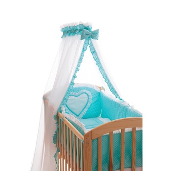 Lenjerie cu baldachin, turcoaz cu alb, inimioara, 6 piese, 120 x 60 cm Lenjerie cu baldachin, turcoaz cu alb, inimioara, 6 piese, 120 x 60 cm