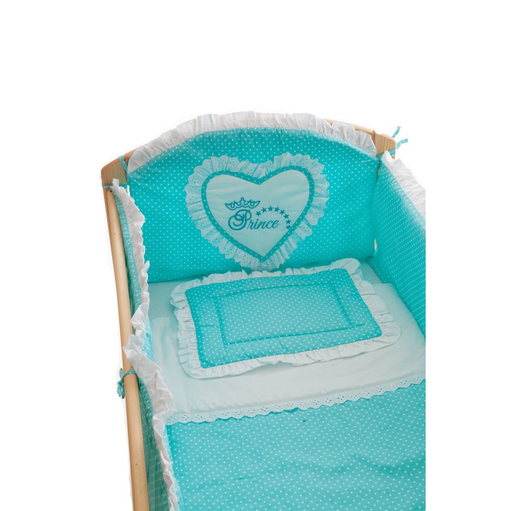 Lenjerie patut, 5 piese, turcoaz cu buline albe, coronite, 120x60 cm