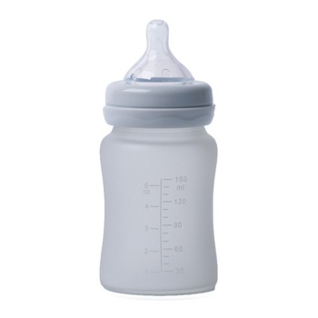 Biberon Bo Jungle termo din sticla acoperita de silicon cu indicator de temperatura, gri, 150 ml Biberon Bo Jungle termo din sticla acoperita de silicon cu indicator de temperatura, gri, 150 ml