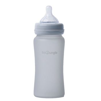 Biberon Bo Jungle termo din sticla acoperita de silicon cu indicator de temperatura, gri, 240 ml Biberon Bo Jungle termo din sticla acoperita de silicon cu indicator de temperatura, gri, 240 ml
