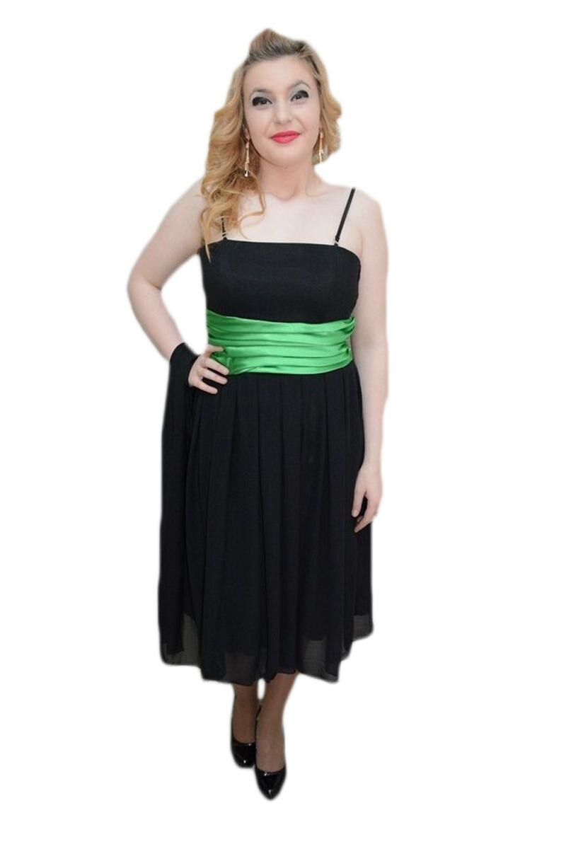 Rochie de seara din voal cu banda verde in talie, D&J Exclusive, Negru