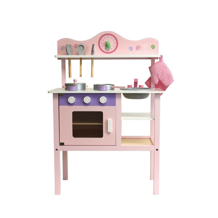 Розова детска кухня, Acooltoy, Дървена кухня за сглобяване. Съдържа дървени съдове, прибори и продукти за готвене.
