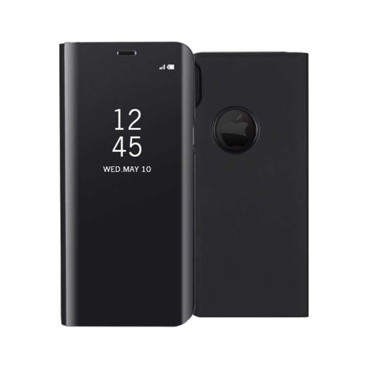 Husa iPhone XS Max - Flip Mirror tip Carte, Capac translucid, Neagra