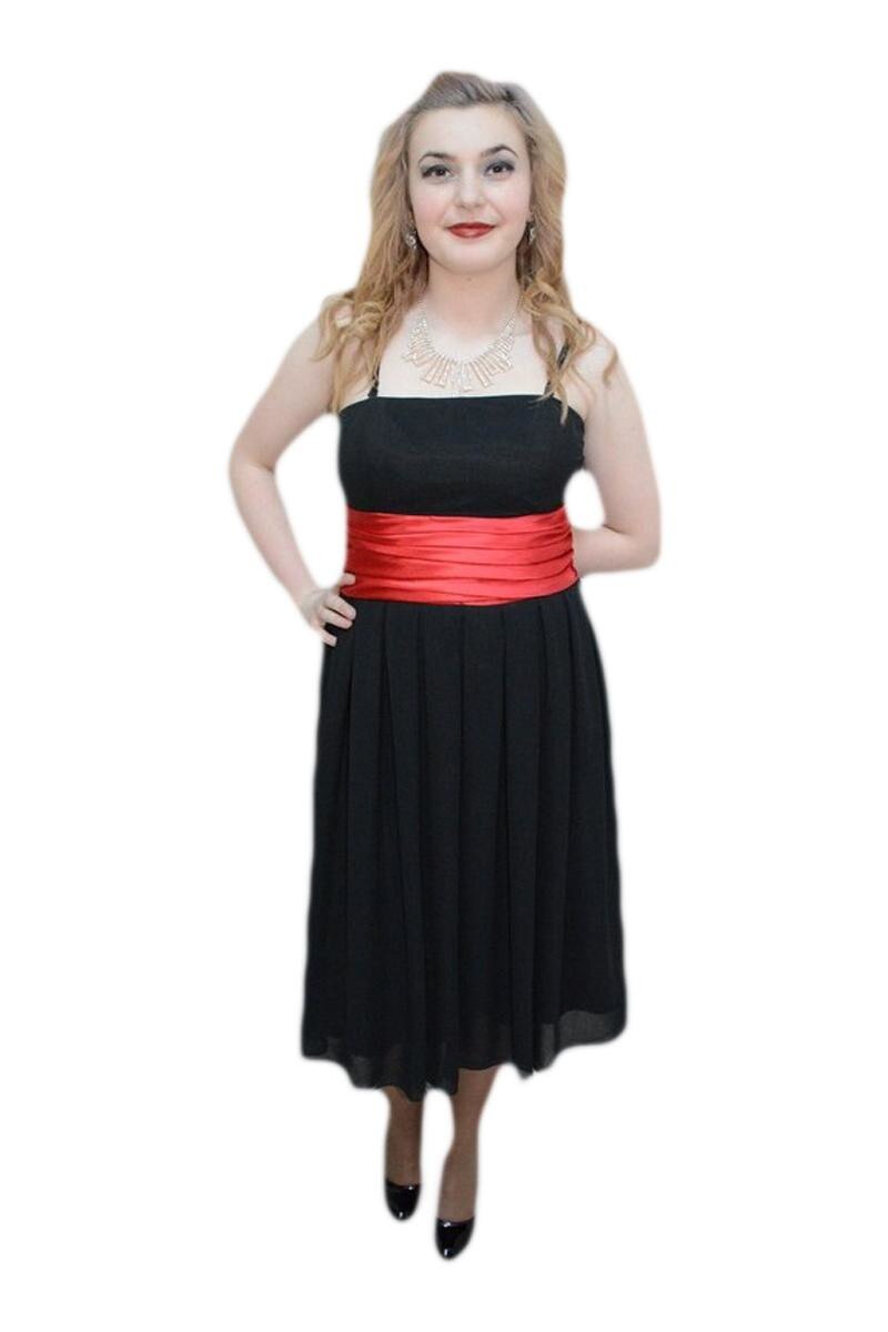 Rochie de seara din voal cu banda verde in talie, D&J Exclusive, Negru/Rosu