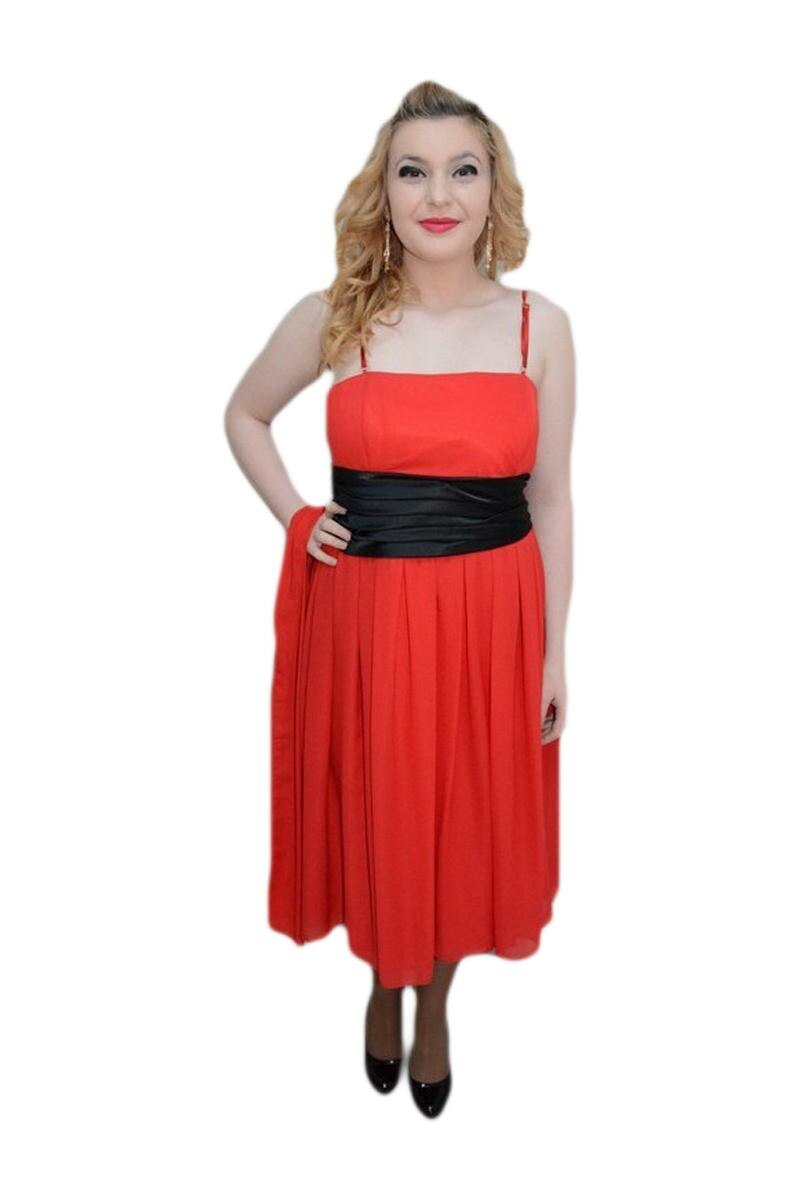 Rochie de seara din voal cu banda verde in talie, D&J Exclusive, Rosu