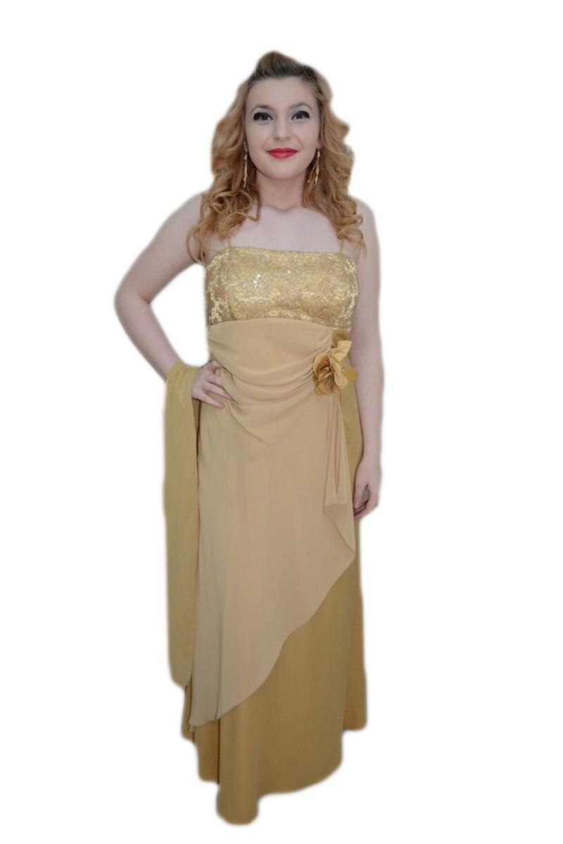 Rochie de seara lunga, din saten si voal, D&J Exclusive, Crem